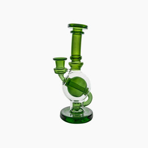 Green Ball rig. Straight neck, borosillicate glass with flared mouthpiece. Flared mouthpiece, weight: 9 ounces, height: 8" inches. 5 hole disc perc