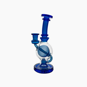 Blue Ball rig. Straight neck, borosillicate glass with flared mouthpiece. Flared mouthpiece, weight: 9 ounces, height: 8" inches. 5 hole disc perc