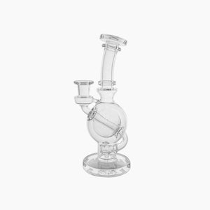 Ball rig. Straight neck, borosillicate glass with flared mouthpiece. Flared mouthpiece, weight: 9 ounces, height: 8" inches. 5 hole disc perc